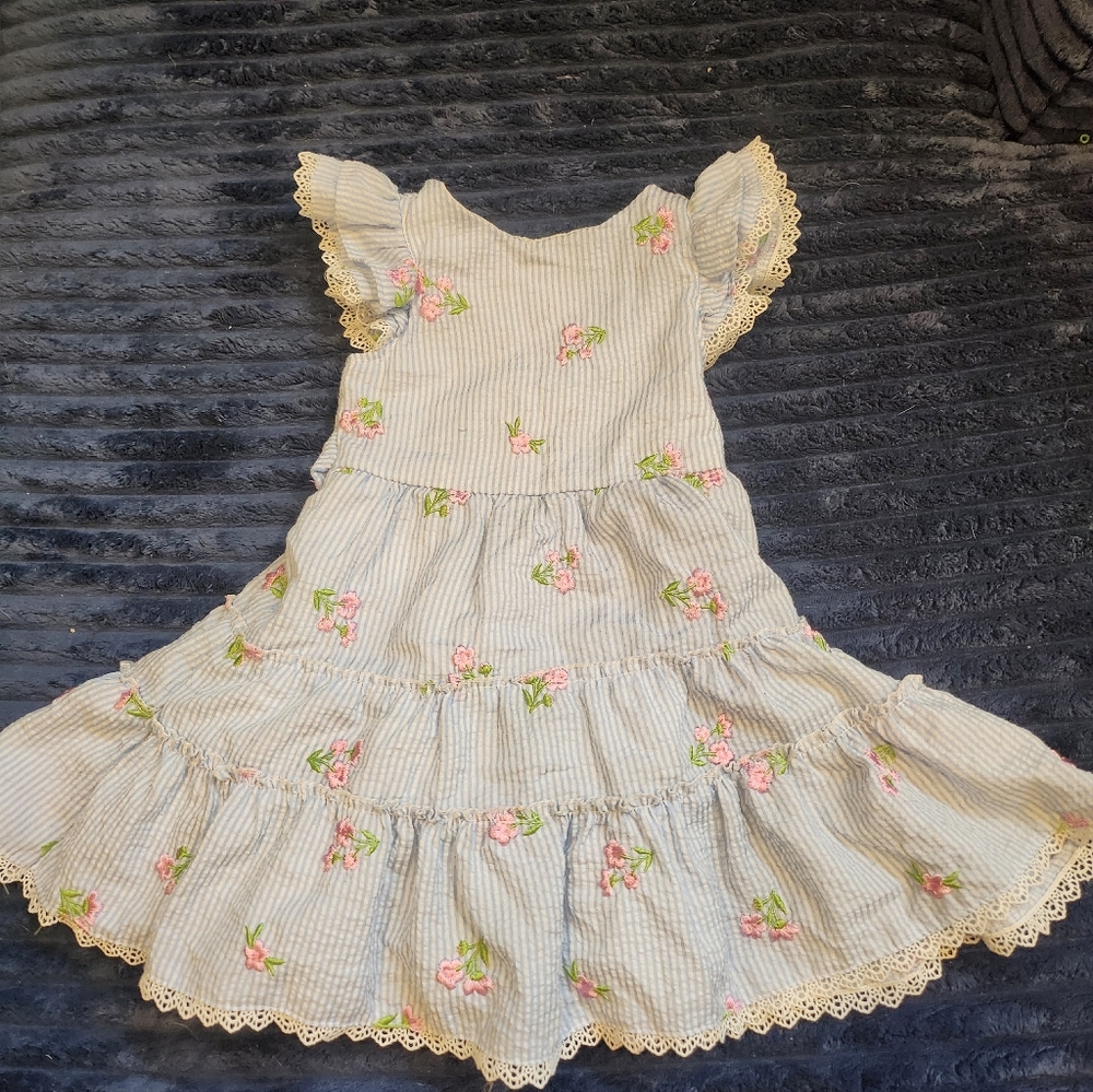 Rare Editions Striped Dress with Pink Floral Embroidery